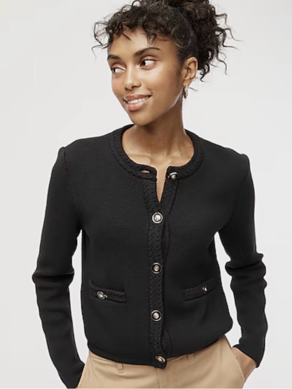 J. Crew Black Braided-Trim Button Cardigan